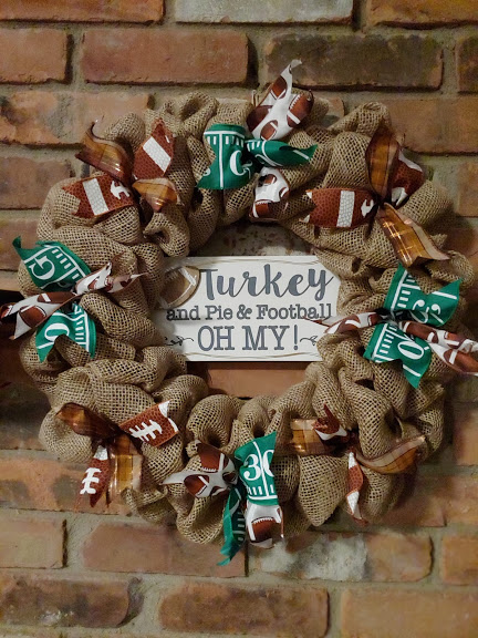 Turkey and Pie and Football Oh My 16 Fall Burlap Wreath - Anchor