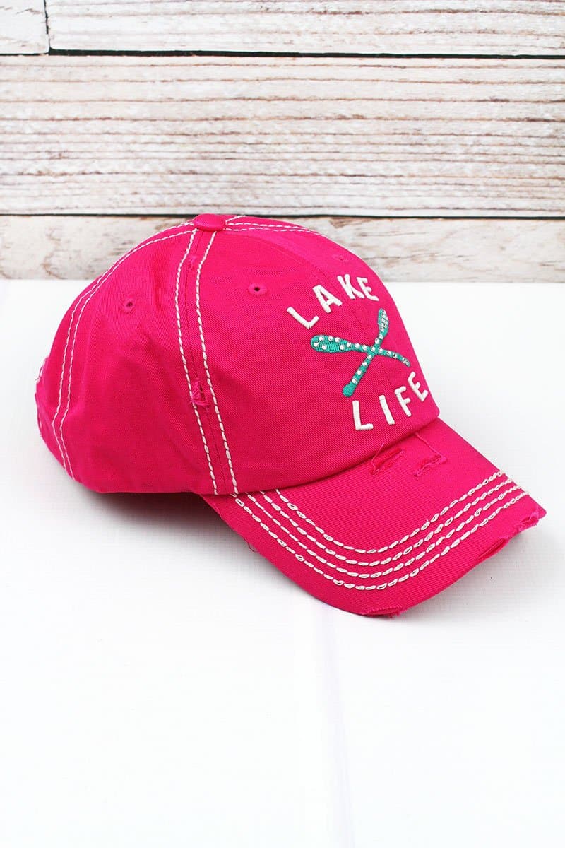 Distressed Hot Pink with Crystals Lake Life Bling Hat - Anchor Bay Life