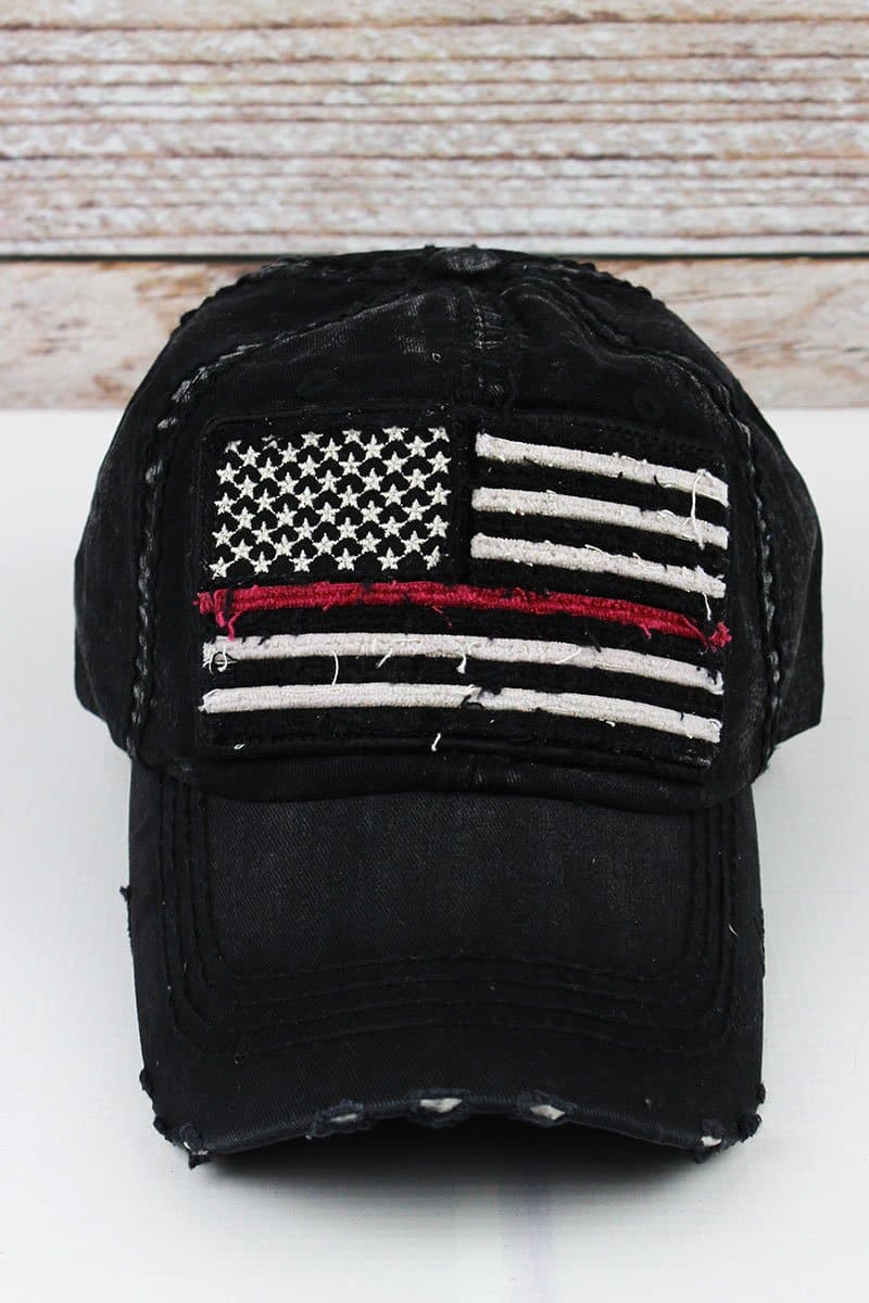 Distressed Black Thin Red Line Flag Adjustable Hat - Anchor Bay Life