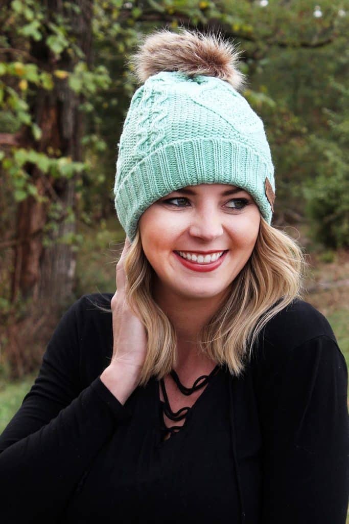 Snow Day Fleece Lined Knit Mint Pom Pom Beanie Hat - Anchor Bay Life